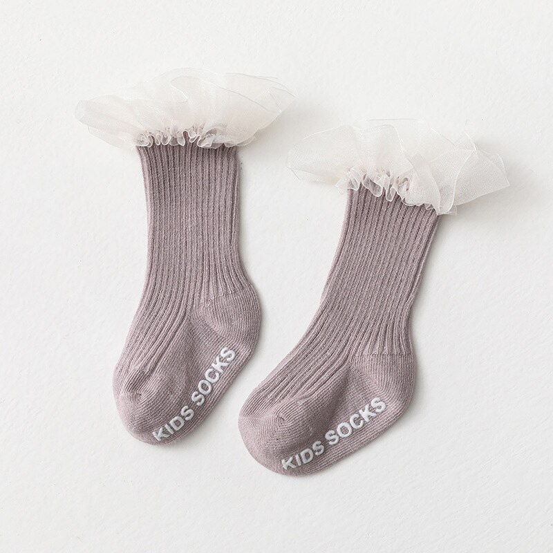 Chaussettes en dentelle à volants pour -né, mignonnes, de couleur unie, antidérapantes, pour bébé fille, pour enfant en bas âge, collection printemps et automne: purple / 0-6M