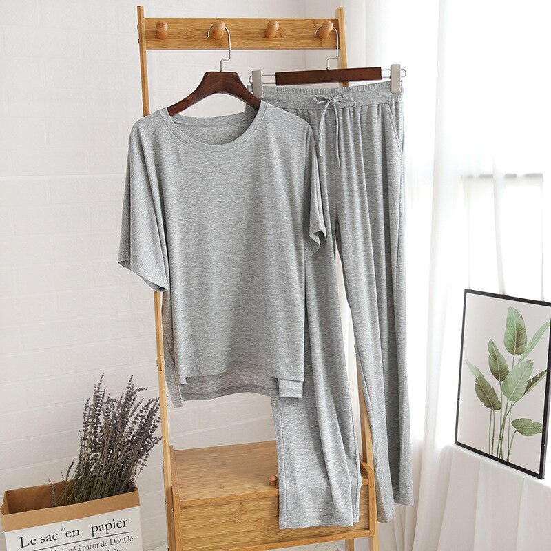 Plus size modal algodão conjunto pijama feminino solto casual homewear terno 2 pçs roupas de verão em casa senhoras manga curta pijamas terno: Cinza / L