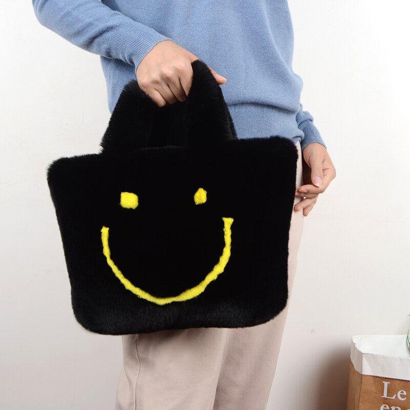 bolso de viaje de de invierno, bolso de mujer sonriente de felpa de invierno, bolso de cadena grande, bolso de mensajero, bolso de cuero suave cálido: black