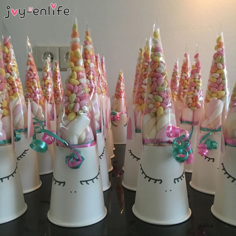 50 Pcs Diy Bruiloft Verjaardagsfeestje Zoete Cellofaan Clear Candy Cone Opbergzakken Eenhoorn Partij Decor Pasen Decoratie 18x37cm