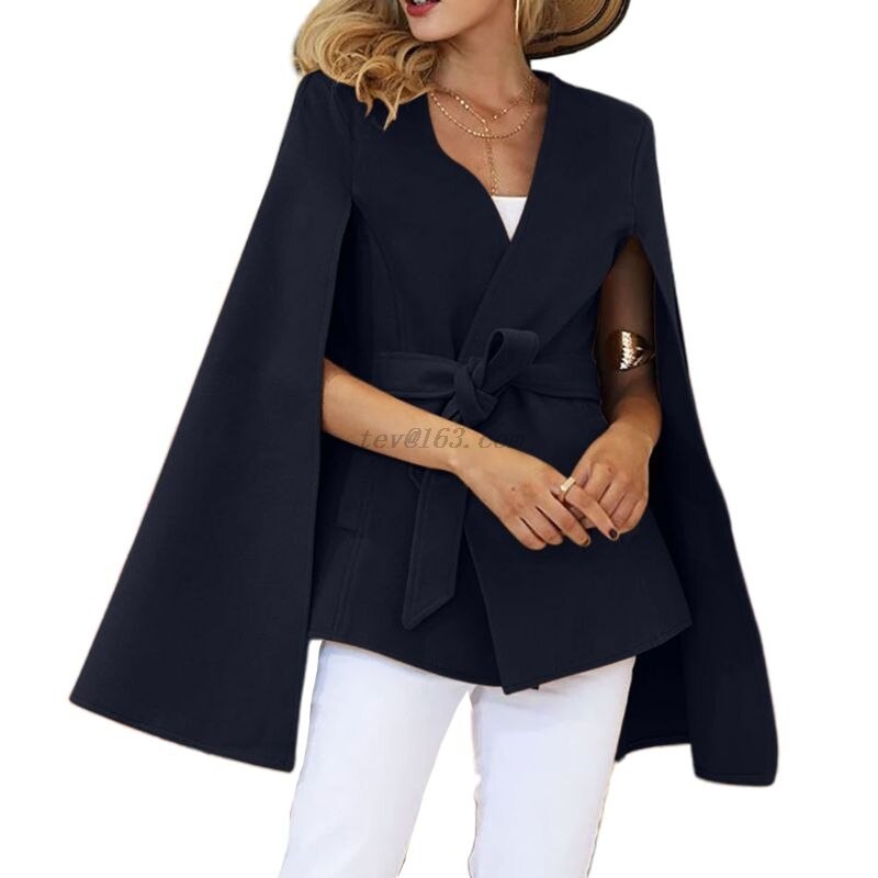 Femmes hiver Vintage manteau manches chauve-souris Poncho Cape ceinture taille Trench manteau M68A: Marine Bleu / L