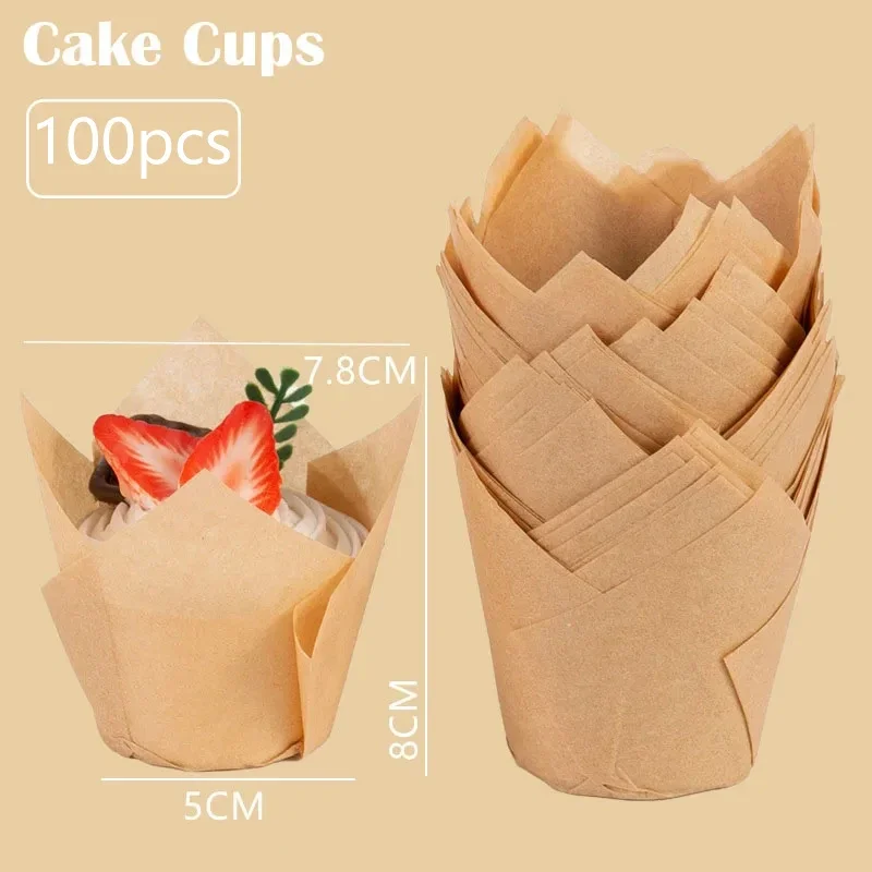 100 stk. tulipanforme til cupcakeforme, papirforme til muffins, cupcakepapir til fest, hjemmelavet kageform, bagepapir, værktøj, indpakningsetui: Mørk khaki