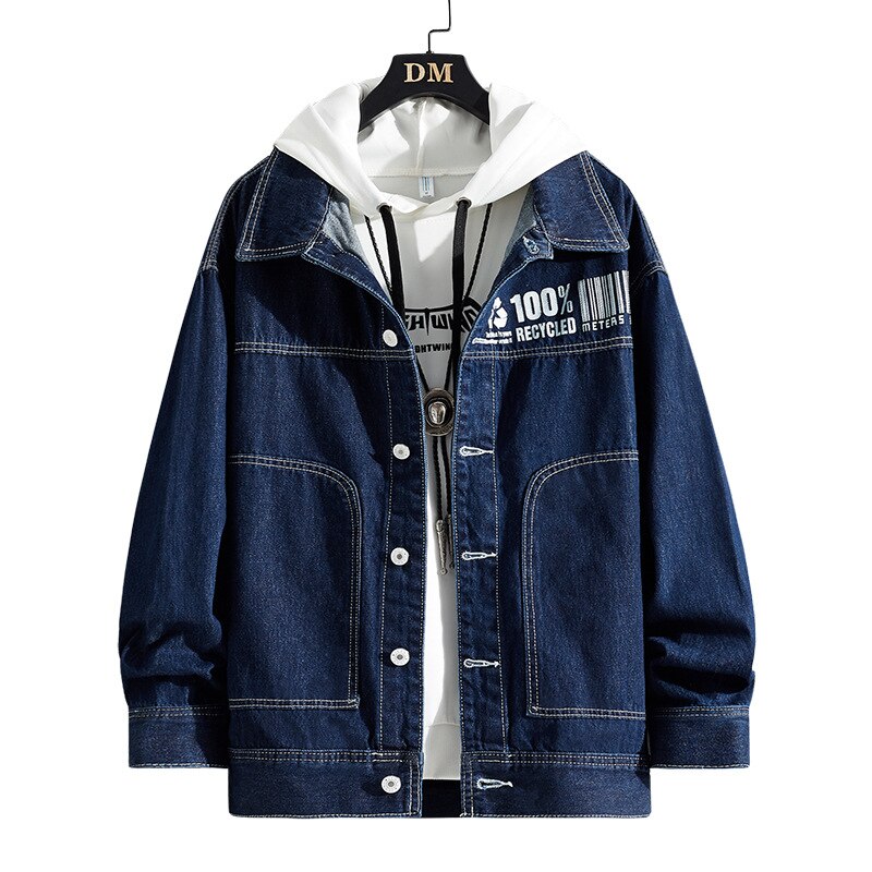 Autumn Winter Jean Jacket Mens Dark Blue Single-breasted Casual Denim Jacket Male Letter Printing Thicken Youthful Loose Jackets