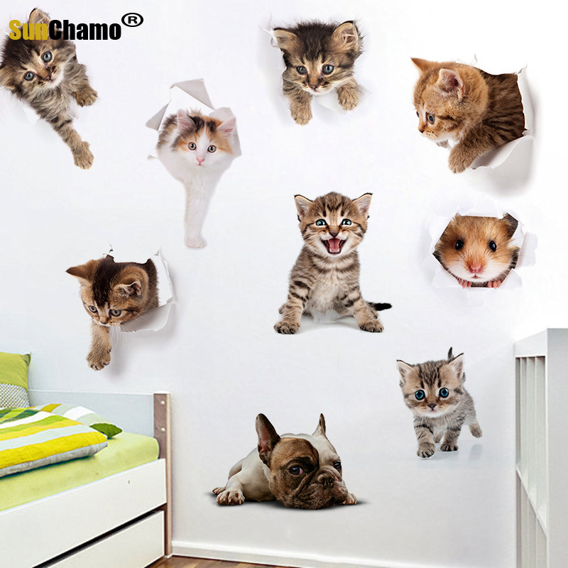 Grappige Hond Kat 3d Gat Wc Stickers Voor Wasruimte Huis Decoratie Diy Ainimals Pvc Muurschilderingen Cartoon Puppy Kitten Kids decals