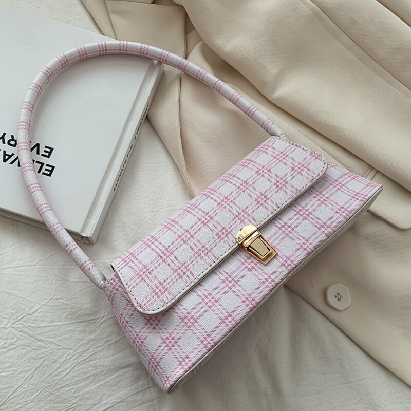 Bolso cruzado retro a cuadros para mujer, baguette con axilas, cadena de hombro, bolso de mano femenino y monedero: type 1 pink