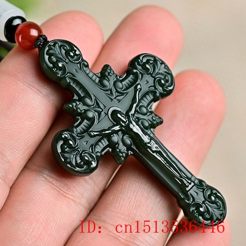 Natural Hetian Jade Jesus Cross Pendant Necklace Jadeite Jewelry Men Buddhist Lucky Carved Charm Women Amulet