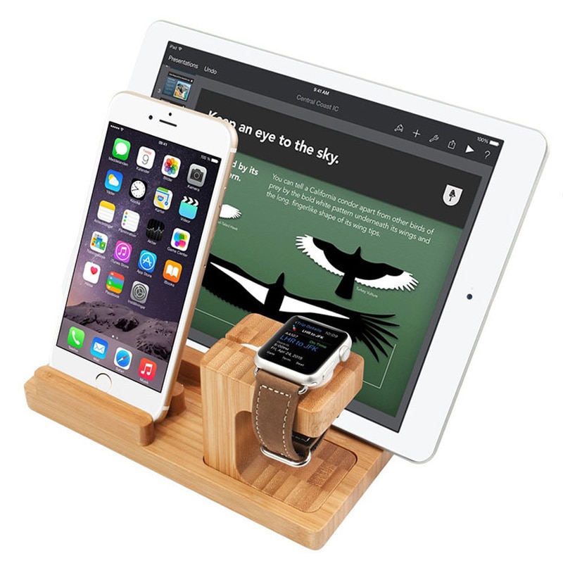 Soporte de escritorio para teléfono móvil, soporte de carga de madera de bambú Real para iPad, tableta, Apple Watch 4, 3, iPhone XS, X, 8