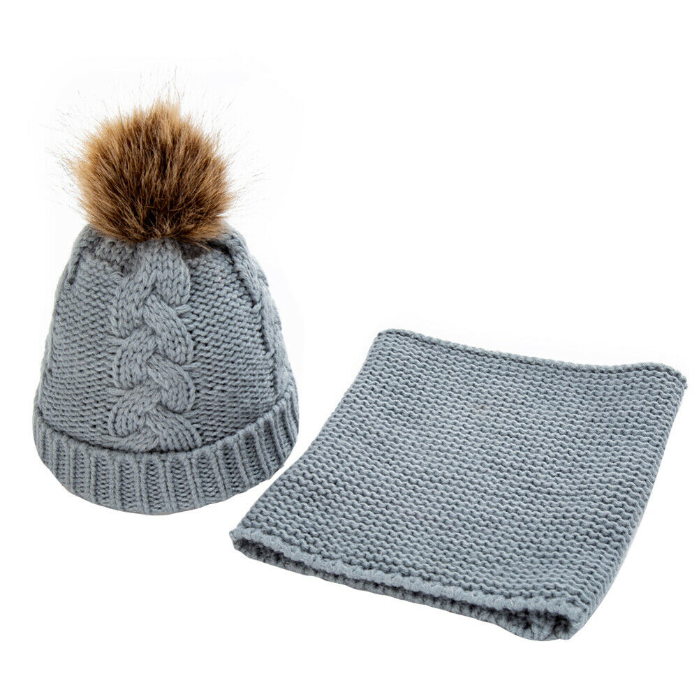 Børn børn dreng piger pom hat vinter varm hæklet strik bobble beanie cap + tørklæde sæt: Grå