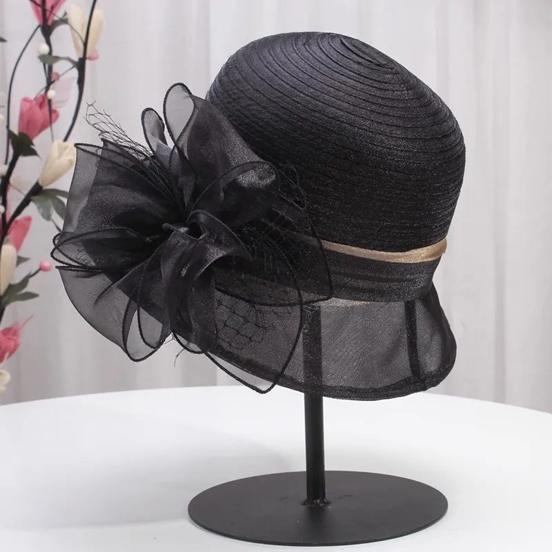 Kvinders hatte med sløjfe, bred skygge, kentucky derby fedora, sommersolhat til kvinder: Sort