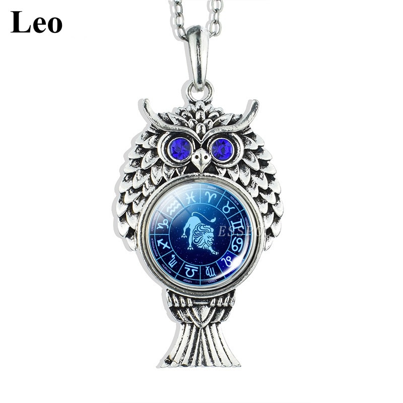 Cute Owl Pendant Stainless Steel Owl Necklace 12 Zodiac Signs Aries Taurus Gemini Cancer Leo Scorpio Constellation Jewelry