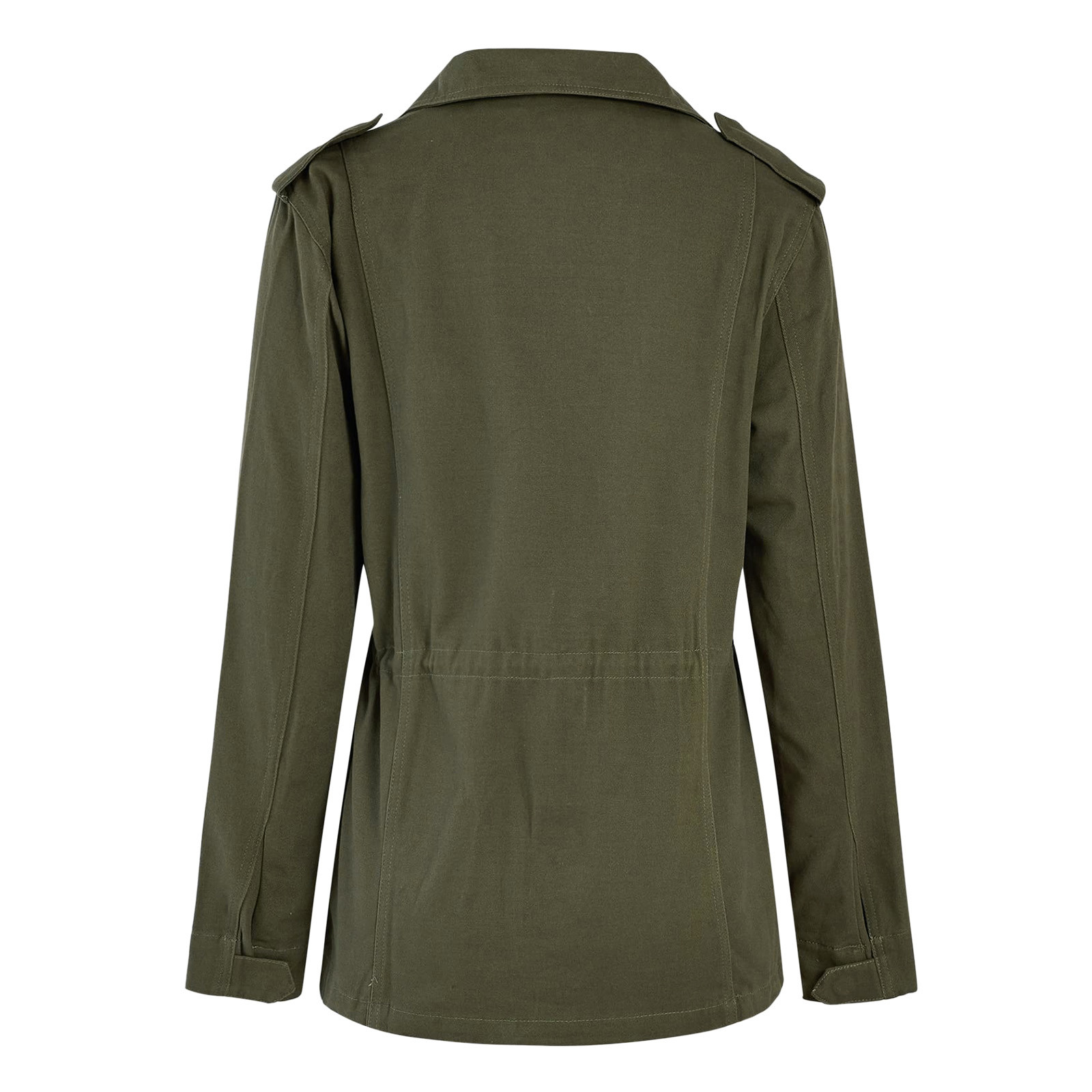 Autumn Women Waist Tunic Coats Retro Green Multi-Pocketed Jacket Turn-Down Collar Button Solid Color Outwear Coats