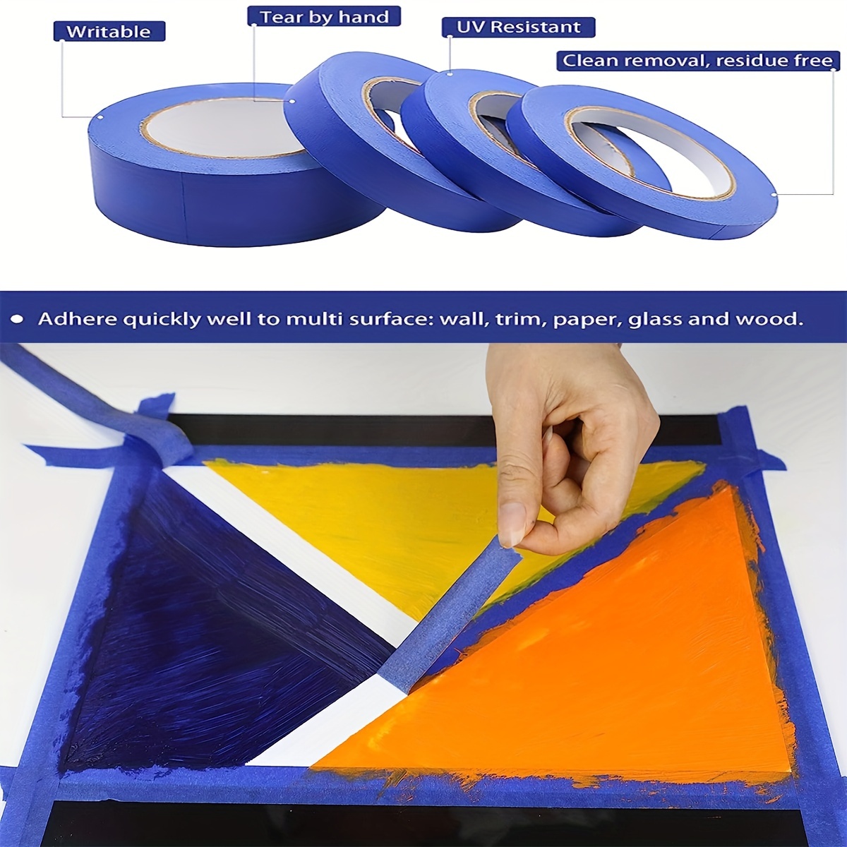 Ruban de peintre bleu, 1/2 pouces, 3/4 pouces, 1 pouce, 2 pouces, ruban de masquage de peinture multi-tailles, ruban en papier à libération propre pour la maison