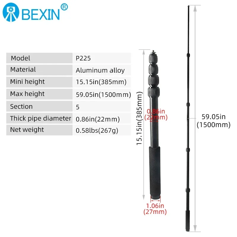 BEXIN Asta adattatore stabilizzatore per barra portatile Treppiede monopiede regolabile Prolunga per tubo di prolunga per colonna centrale Asta telescopica