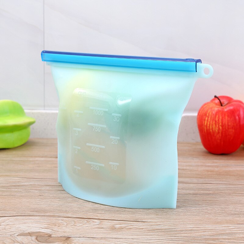 Återanvändbar silikon matpåse silikon ziplock påsar kyl mat fryspåsar 1000ml mjölk frukt kött färska förseglade förvaringspåsar: Blå