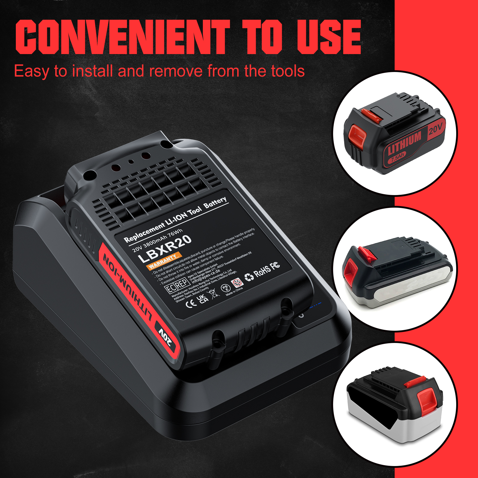 per Nero decker LBXR20 Batteria al litio 20V 8.0/3.0ah LBXR20 LB20 LBX20 LBXR2020 LB2X4020-OPE Utensili elettrici e caricabatteria