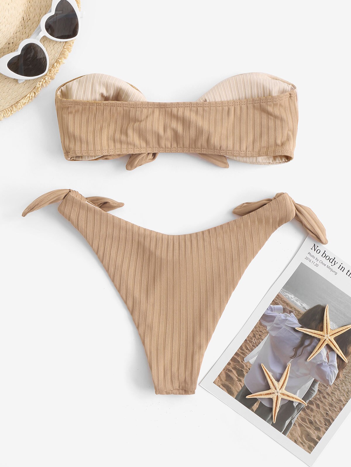 Zaful Vrouwen Badpak Kleurblok Half En Half Half Print Trend Twee Tone Geknoopt Monochrome Geribbelde Padded Bikini Set Monokini