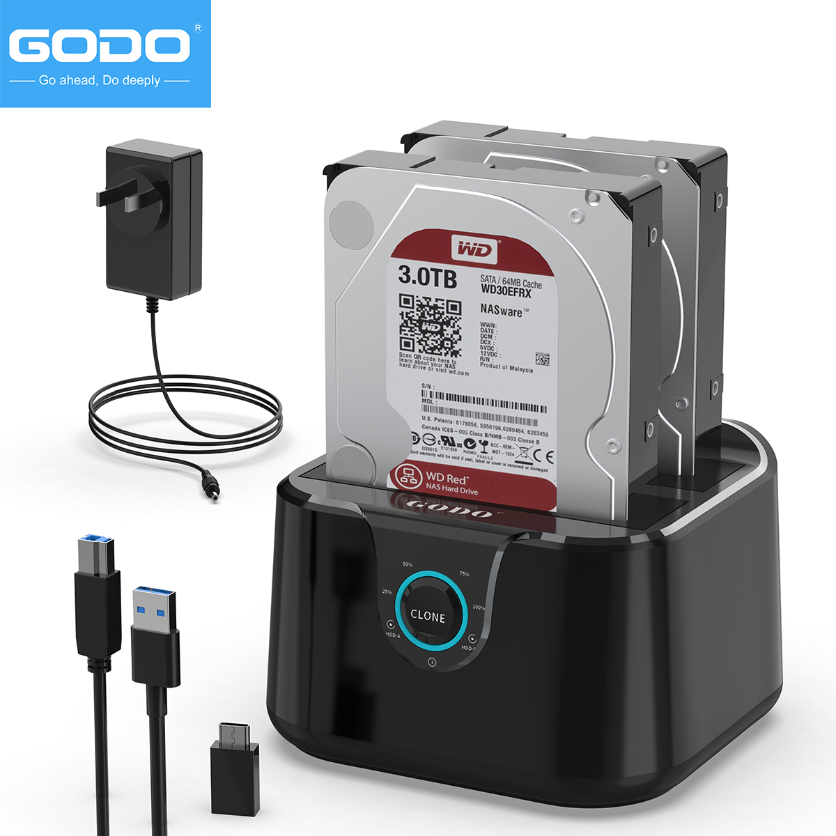GODO Hard Drive Docking Station to USB 3.0 Type C ,Dual Bay Hard Drive Dock for SATA 2.5 / 3.5 inch HDDs/SSDs with LED Indicator