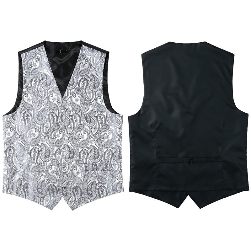 Männer Hochzeit Paisley Anzug Weste Weste Krawatte und Tasche Platz Party Abendessen 3 stücke Kleid Weste Männer Colete Masculino silber 3XL