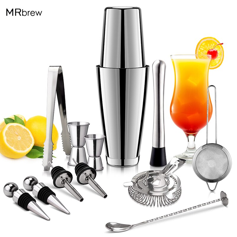 13 Stks/set Rvs Cocktail Shaker Ice Tong Mixer Drinken Boston Barman Browser Kit Bars Set Professionele Barman Tool: A