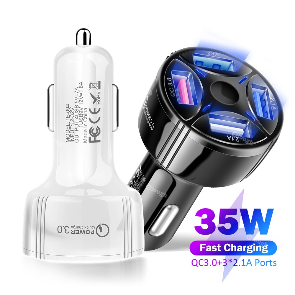 Elough 4 Poorten Usb Car Charger Quick Charge 3.0 Qc 3.0 7A Snel Opladen Voor Iphone 13 12 11 Xiaomi huawei Telefoon Auto Usb Lader