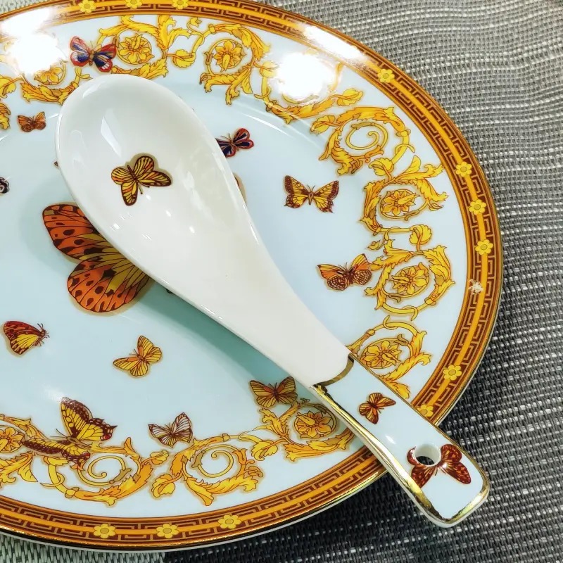 European Butterfly Tableware Set, Steak Plate, Noodle Bowl, Soup Bowl, Rice Bowl, Spoon Decoration,: WHITE
