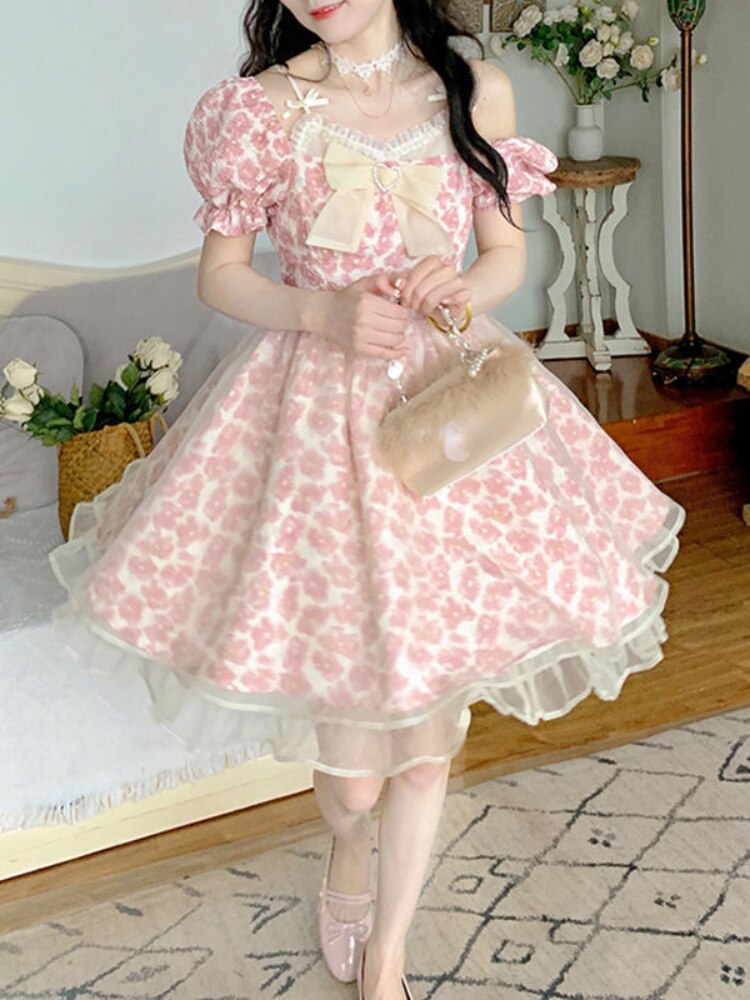 HOUZHOU Pink Floral Dress Women Sweet Cute Bow Mesh Patchwork Fairy Dresses Princess 2022 Summer Kawaii Streetwear: S