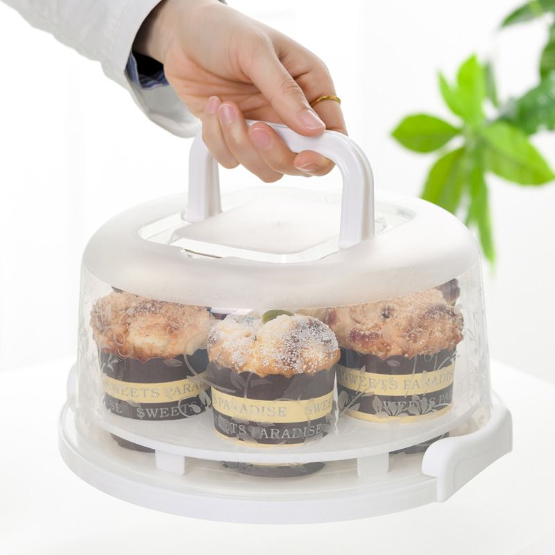 Recipiente portátil de plástico para Magdalena redonda, caja de almacenamiento para pasteles y postres, suministro de cocina