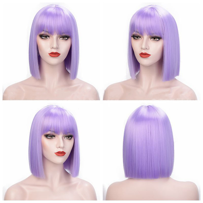 Perruque de Cosplay synthétique lisse et courte avec frange pour femmes noires, 12 pouces, rose, blond mélangé: Purple