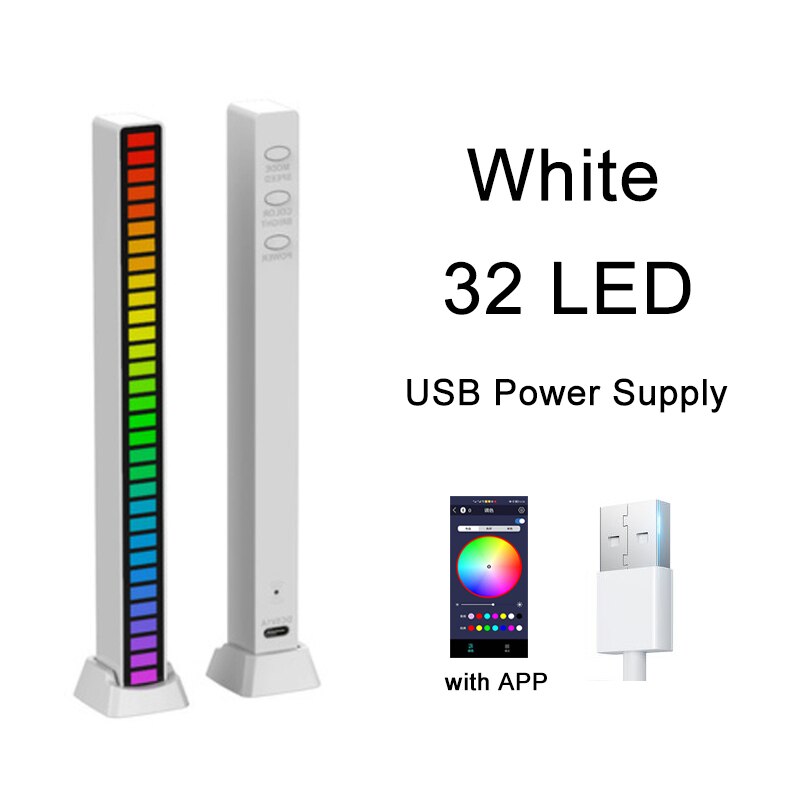 Lumières LED colorées de contrôle du son, rvb, contrôle par application, lumière de ramassage de rythme de musique, DJ Disco, voiture, TV, ordinateur de bureau, décoration: White with APP