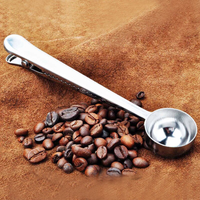 1pc cucharas medidoras multifunción útiles de acero inoxidable para té molido, café y azúcar, cuchara para 1 taza de café molido con clip para sellar bolsas.