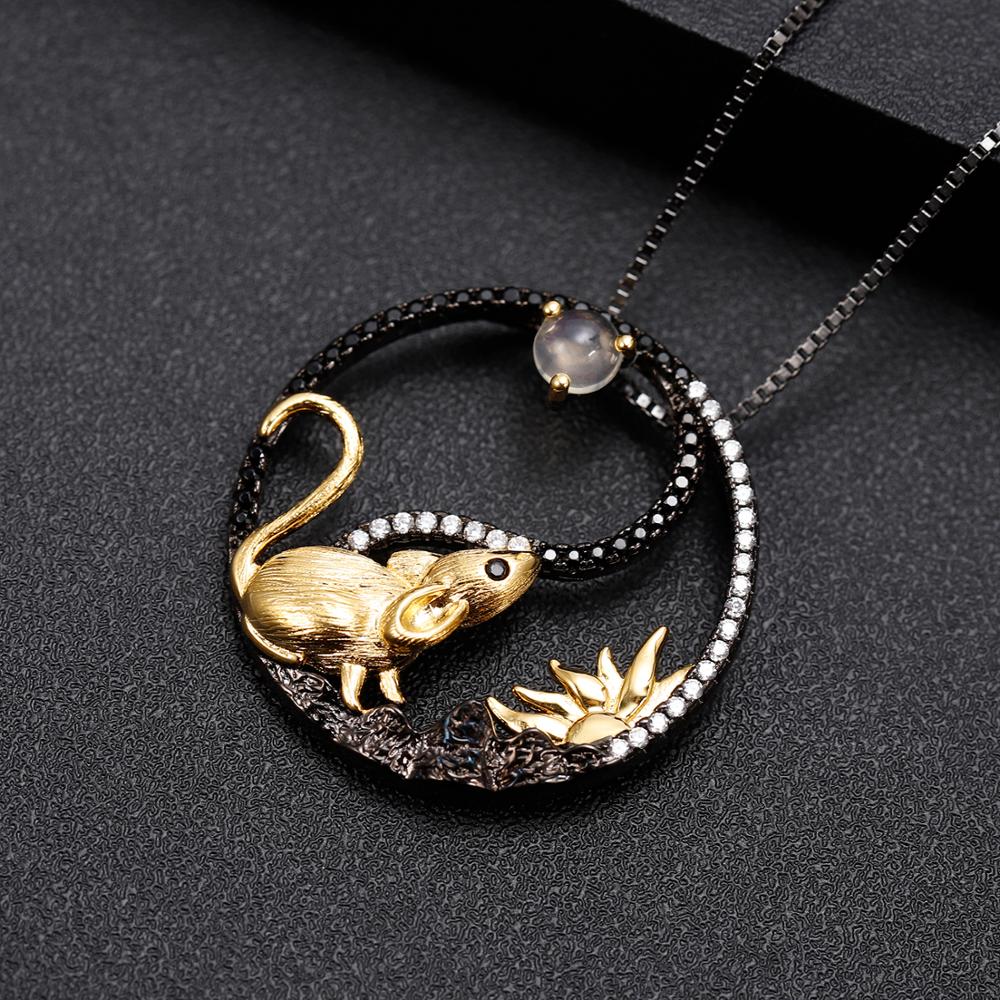 GEM'S BALLET Chinese Zodiac Rat Pendant Necklace For Women Natural African Opal 925 Sterling Silver Yin and Yang Animal Jewelry
