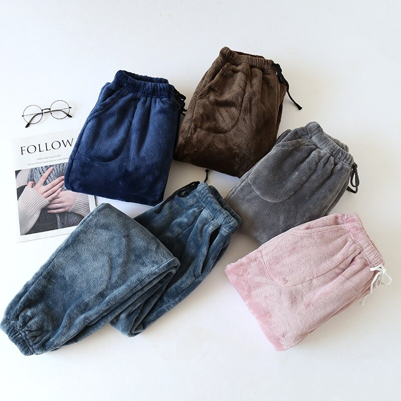 Winter Sleeping Trousers Flannel Fleece Warm Sleep Bottoms Solid Color Pants Casual Lounge Pants With Pockets