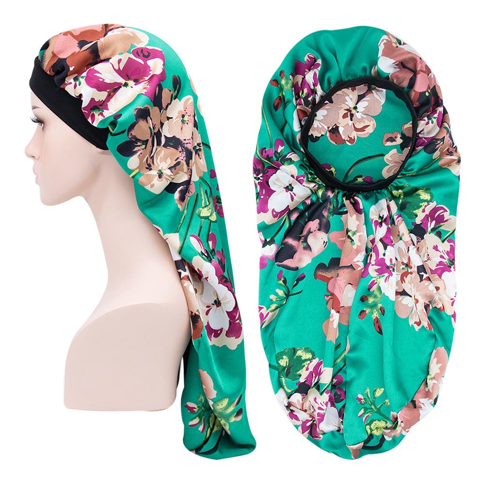Lange mutsen voor vrouwen, afrikaanse tulband, hoofddoek, slaapmuts, satijnen zijdeachtige print, haarmuts, vlecht, slouchy hoed, tb -83a: Bloem lichtgroen
