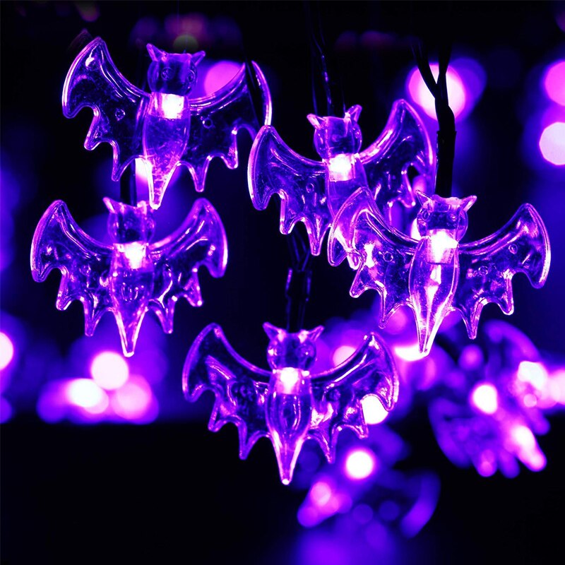 Halloween lichtsnoer met 10/20 led-lampjes, een lichtsnoer met led-lampjes, een pompoen, een skelet, een bot, een spook, een vleermuis en een spin.: Paarse vleermuis / 1.5m 10 geleid
