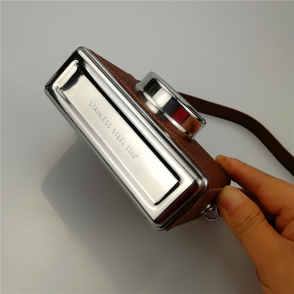 Kamera bilden 11 unzen Lebensmittel sicher Edelstahl Flachmann mit holz leder gewickelt Alkohol Schnaps Whiskey