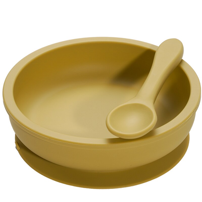 Bpa-vrij effen baby siliconen serviesset peuterveiligheidszuiger silicagel kom bord en lepel kinderkeukengereedschap: 008- mosterd