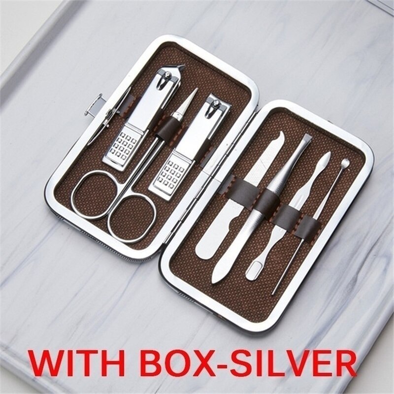 Black/Silver Stainless Steel Nail Clipper Cutter Trimmer Ear Pick Grooming Kit Manicure Pedicure Scissor Tweezer Nail Tools Set: with box-Silver