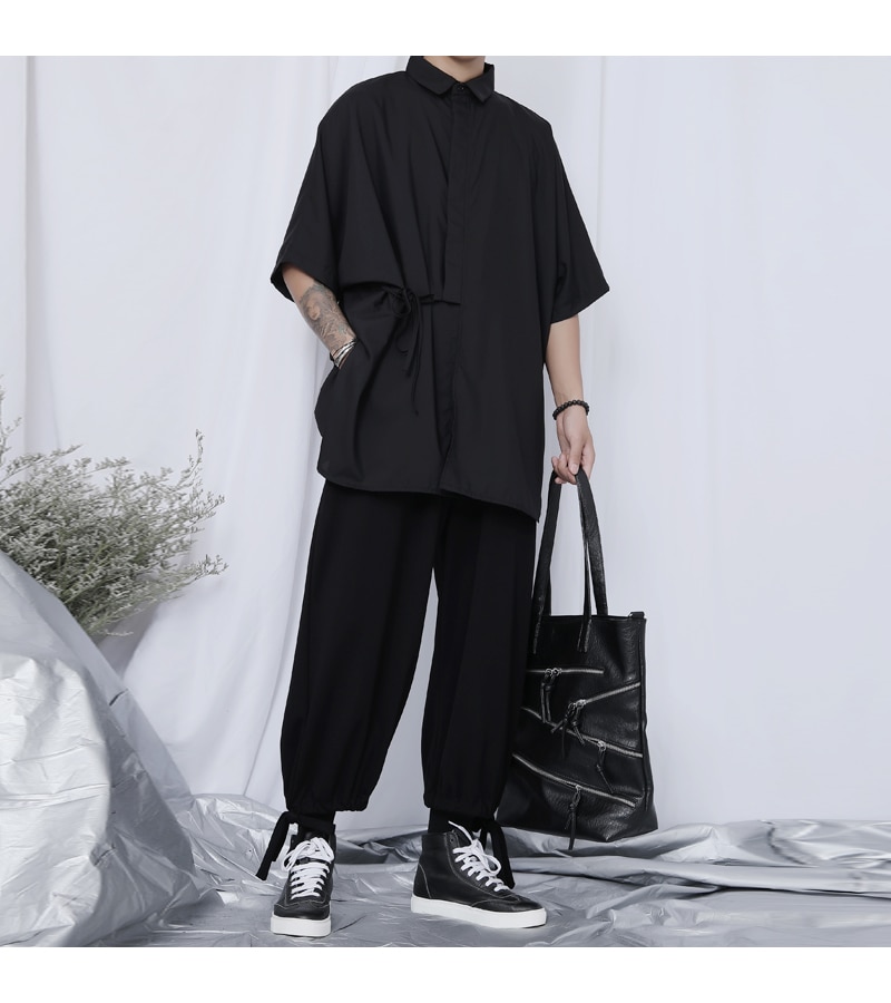 Pantalones de pierna ancha para hombre, pantalones holgados de pierna recta, tendencia japonesa Yamamoto, estilista negro oscuro, pantalones cortos punk para hombres