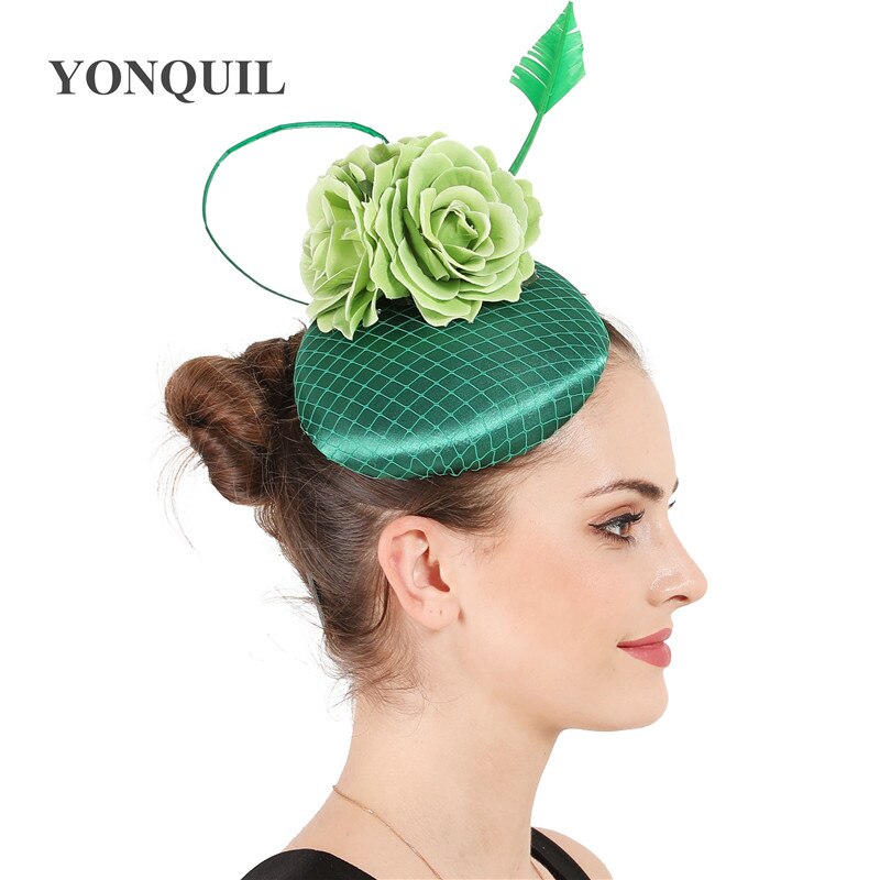 Coiffe de mariage fleur verte mariée casque de avec maille fantaisie Fascinators chapeau de mariée avec pince à cheveux pour femme
