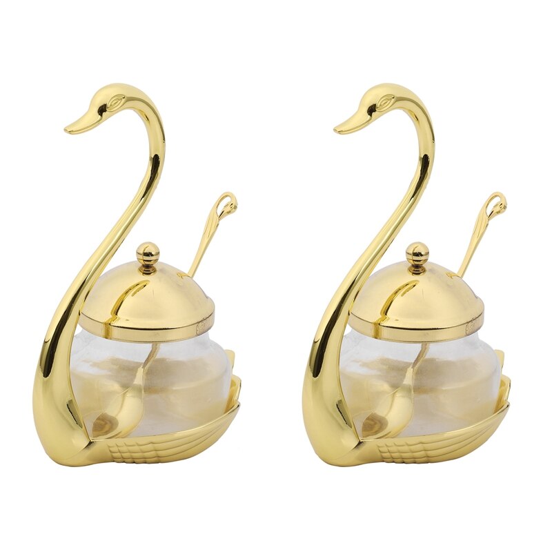 2X Aluminum Alloy Condiment Pot Seasoning Container Coffee Storage Organizer Swan Rack Set Gold: Default Title