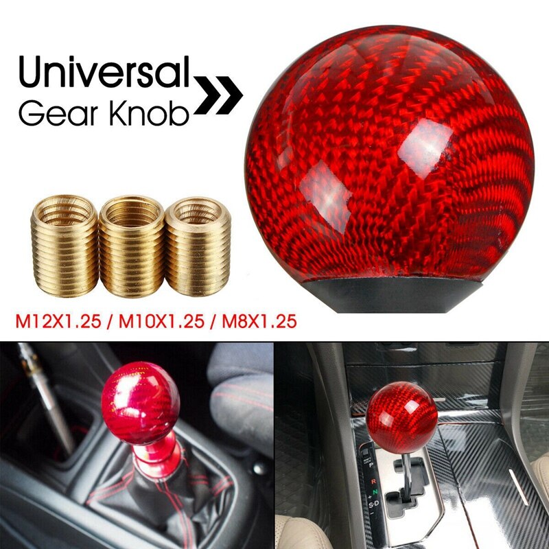 Red Carbon Fiber Gear Shift Knob Universal Shifter Knobs with 3 Adapters Stick Shifter Round Ball