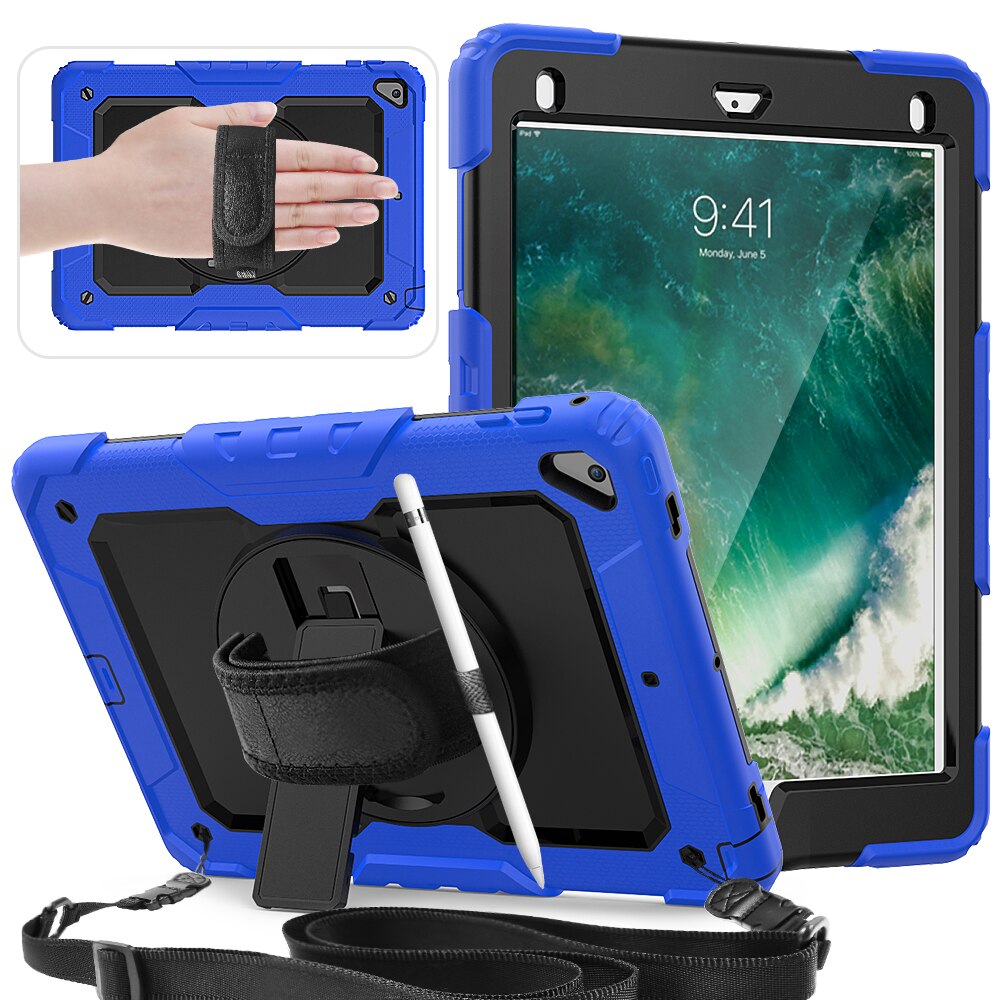 Universal Though Rugged Case for ipad air 2 6th 5th gen pro 9.7 inch Hand Strap cases with Kickstand Stand and Shoulder Strap: BLUE