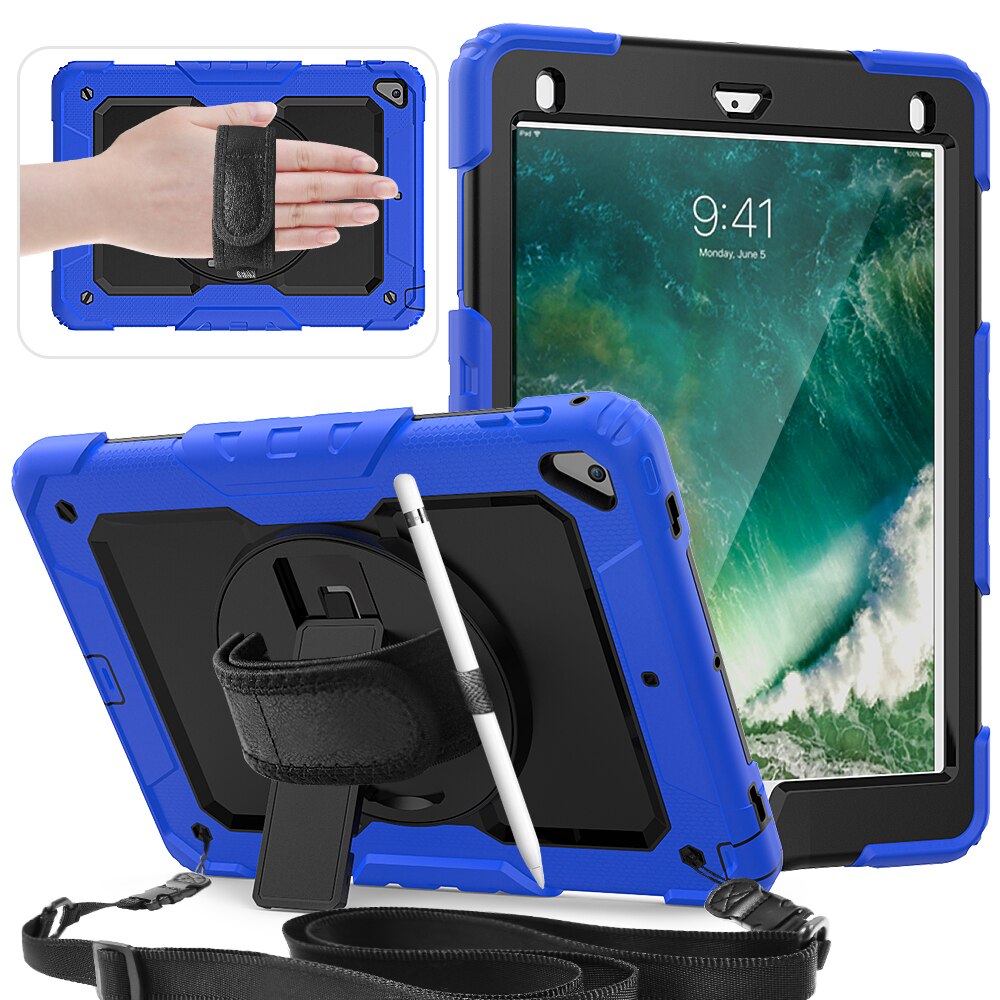 Universal, selvom robust taske til ipad air 2 6th 5th gen pro 9.7 tommer håndstrops tasker med stativ og skulderrem: Blå