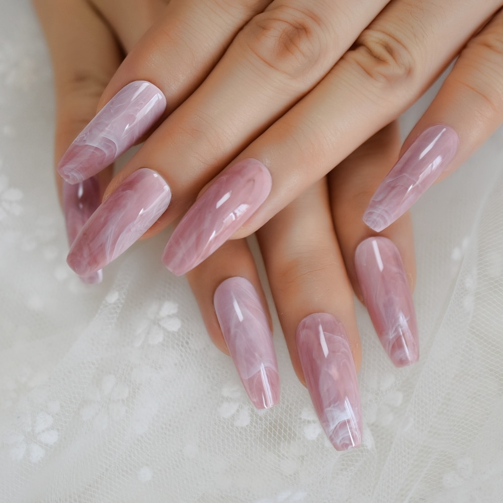 Ongles longs en forme de cercueil, en marbre rose Extra-Long, motifs pierre brillante, ballerine, pointes d'ongles à la pré-conçus, avec onglets à colle