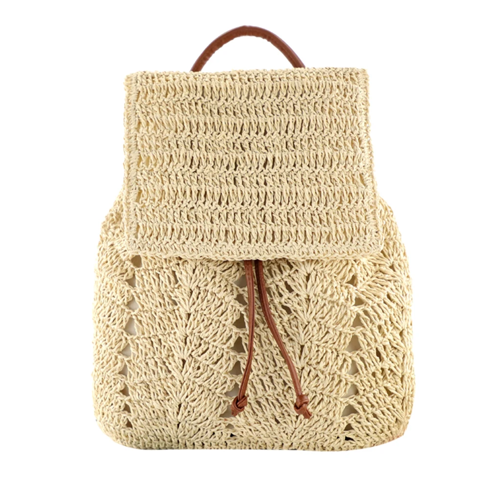 Women Straw Backpack Handmade Woven Casual Beach Shoulders Bucket Bag: Beige