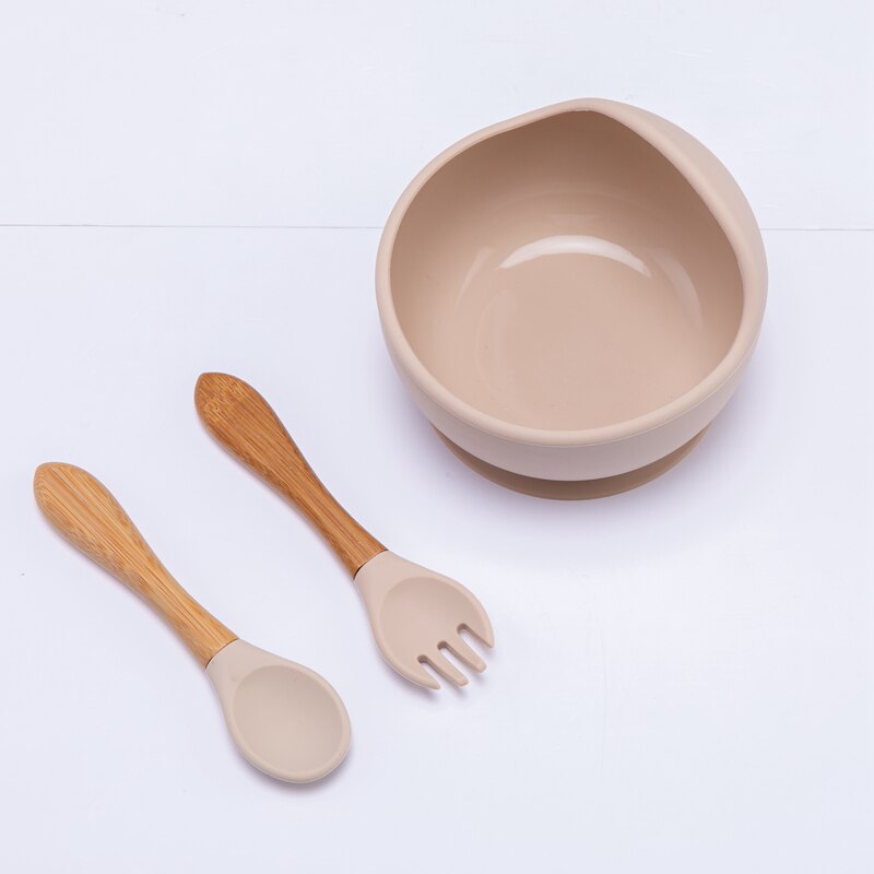 Baby Silicone Bowl Fork Spoon Straw Cup Set Silicone Bowl &amp; Spoon Learning Dishes Tableware Suction Bowl BPA Free Baby Product: 3PCS beigh