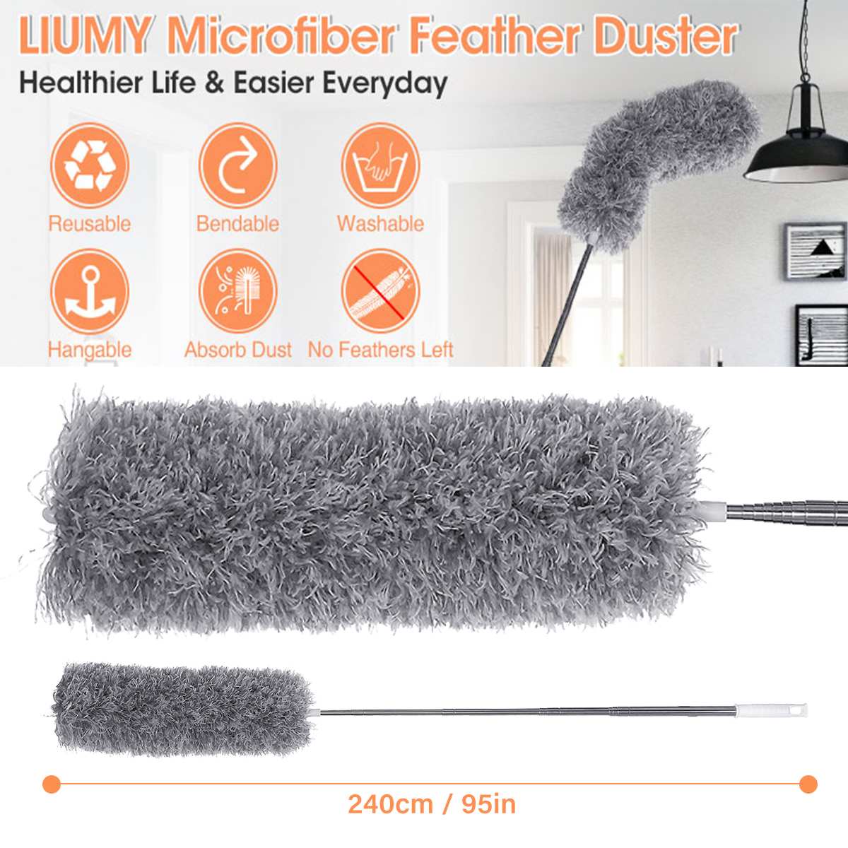 2.4m Long Extendable Cleaning Duster Ceiling Fan Light Plumeau Dust Cleaner Sofa Dust Brush Home Use Household Cleaning Tools