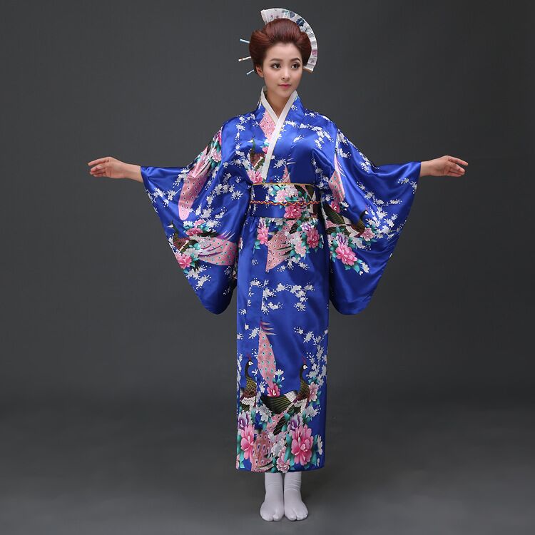 Rød vintage japanske damer kimono badekåpe kvinners faux silke yukata med obi ytelse dans kjole cosplay klær  h0029: Blå