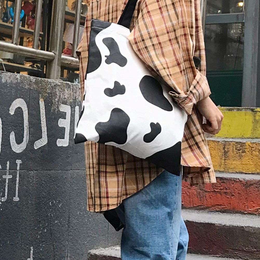 Wiederverwendbare Leinwand Schulter Taschen Für Frauen Kuh Milch Druck aufbringen Große Kapazität Tote Taschen Weibliche Tägliche Einkaufs Reisetasche