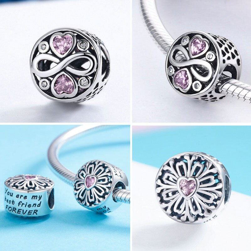 925 Sterling Silver Love & Friendship, Pink CZ Beads Fit BISAER Charms Bracelets Original Silver 925 Jewelry